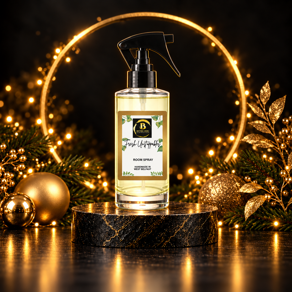 Christmas Room Sprays collection at Boutique Aroma in black and gold